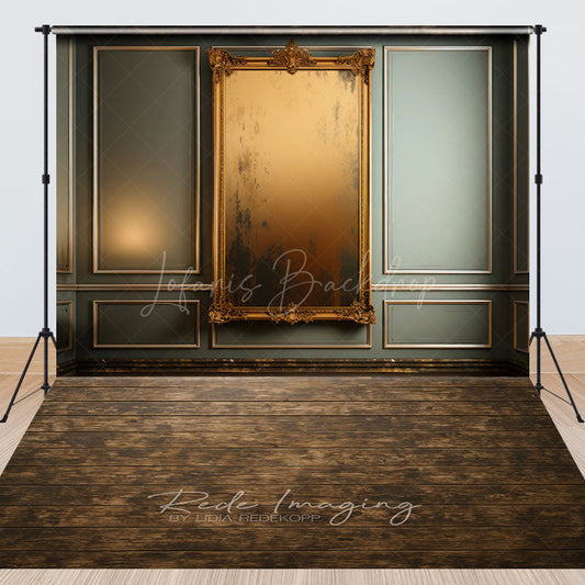 Lofaris Green Wall Gold Mirror Wood Floor Combo Set Backdrop