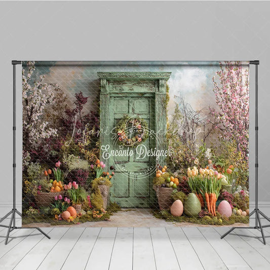 Lofaris Green Wooden Door Easter Photography Backdrop Overgrown Spring Garden and Tulips Studio Background