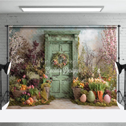 Lofaris Green Wooden Door Easter Photography Backdrop Overgrown Spring Garden and Tulips Studio Background
