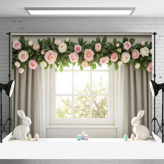 Lofaris Greenery Floral Eggs Curtain Windfow Easter Backdrop