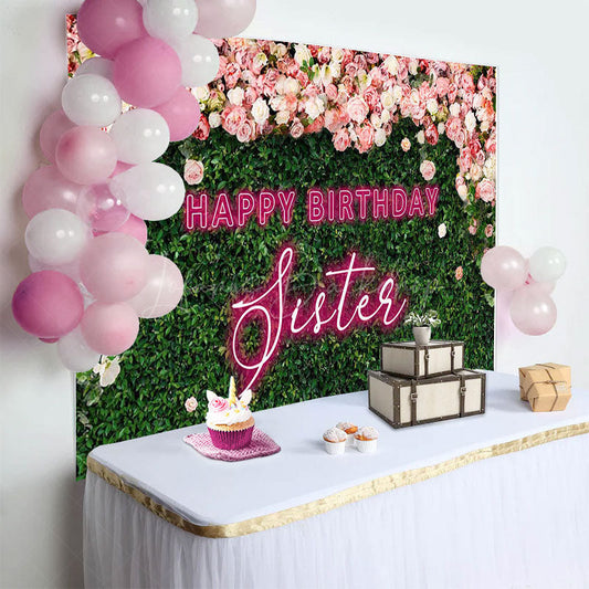 Lofaris Greenery Floral Neon Sister Happy Birthday Backdrop