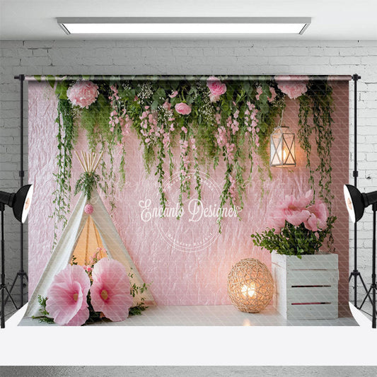 Lofaris Greenery Pink Wall Tent Floral Wedding Photo Backdrop