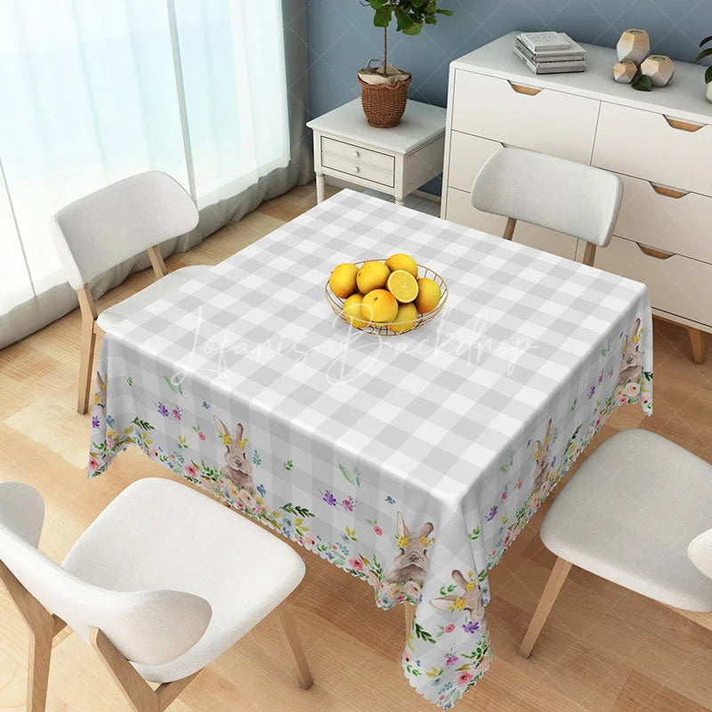 Lofaris Grey and White Buffalo Check Rectangle Tablecloth with Floral Bunny Border Charming Easter Spring Decor
