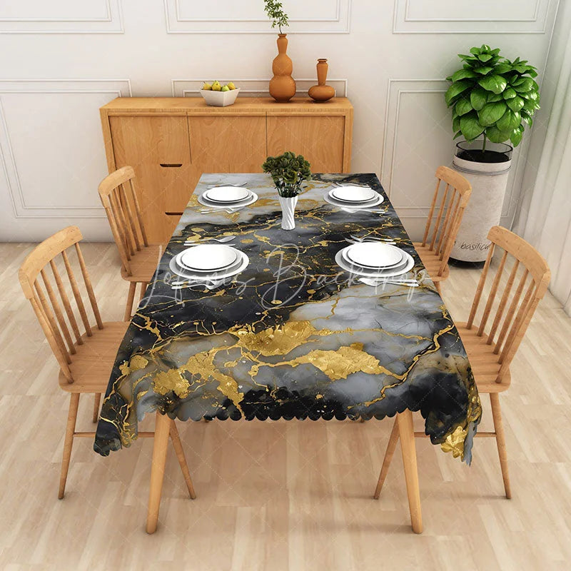 Lofaris Grey and White Geometric Marble Rectangle Tablecloth Gold Hexagon Line Art Table Cover Modern Decor