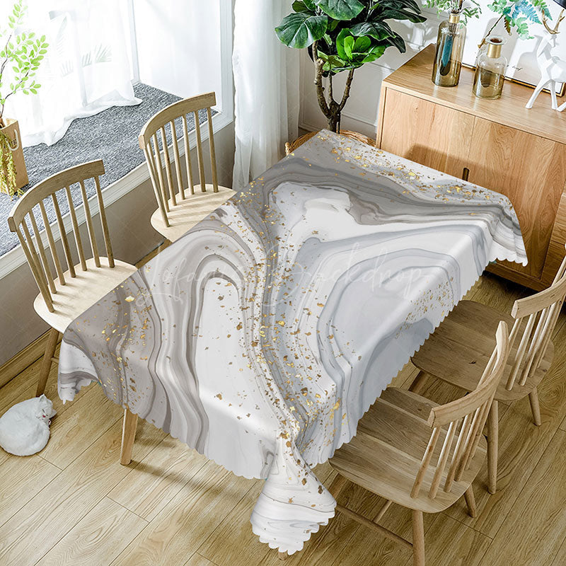 Lofaris Grey and White Marble Rectangle Tablecloth with Gold Veins for Modern Luxury Dining Decor