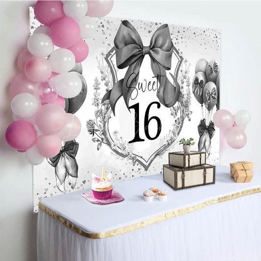 Lofaris Grey Balloons Bow Floral Sweet 16 Birthday Backdrop