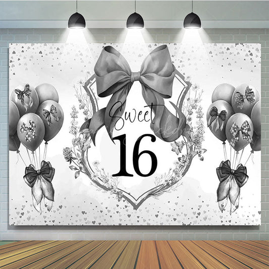Lofaris Grey Balloons Bow Floral Sweet 16 Birthday Backdrop