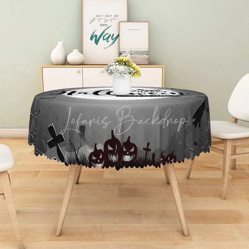 Lofaris Grey Halloween Round Tablecloth with Moon Bats and Cemetery for Gothic Spooky Haunted Decor