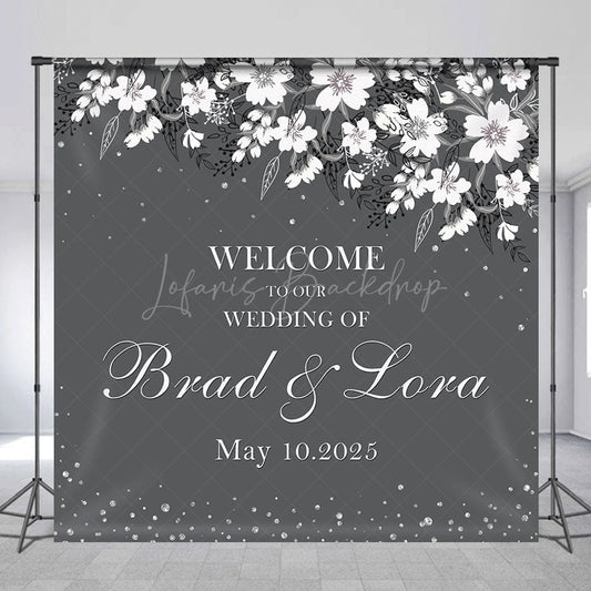 Lofaris Grey White Floral Custom Name Wedding Party Backdrop