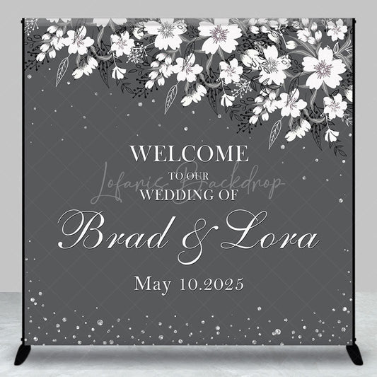 Lofaris Grey White Floral Custom Name Wedding Party Backdrop