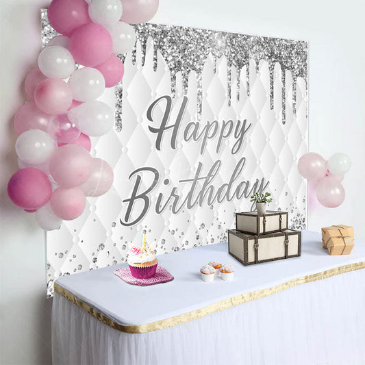 Lofaris Grey White Glitter Vibe Happy Birthday Backdrop
