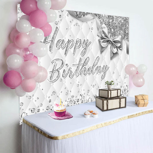 Lofaris Grey White Vibe Bow Glitter Happy Birthday Backdrop