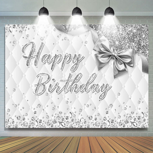 Lofaris Grey White Vibe Bow Glitter Happy Birthday Backdrop