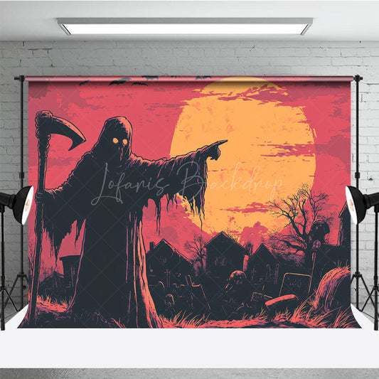 Lofaris Grim Reaper in Graveyard Photography Backdrop Comic Art Full Moon Scene Spooky Halloween Photo Shoots