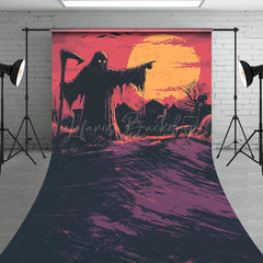 Lofaris Grim Reaper in Graveyard Sweep Backdrop Comic Art Full Moon Scene Spooky Halloween Photo Shoots