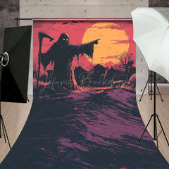 Lofaris Grim Reaper in Graveyard Sweep Backdrop Comic Art Full Moon Scene Spooky Halloween Photo Shoots