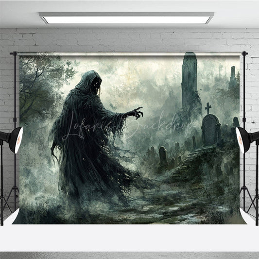 Lofaris Grim Reaper in Haunted Graveyard Photography Backdrop Misty Ghost Scene for Fine Art Spooky Halloween Portraits