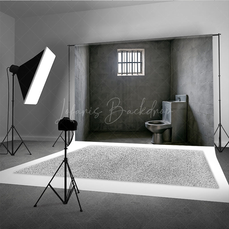 Lofaris Gritty Prison Cell Photography Backdrop Concrete Jail Room with Barred Window for Themed Escape Photos
