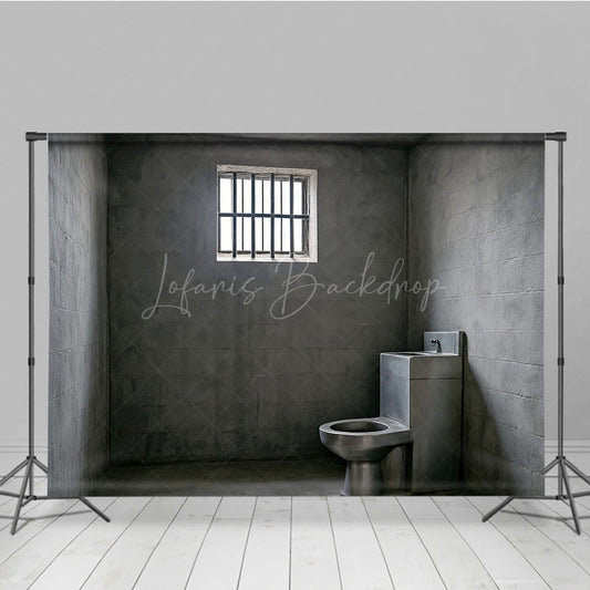 Lofaris Gritty Prison Cell Photography Backdrop Concrete Jail Room with Barred Window for Themed Escape Photos