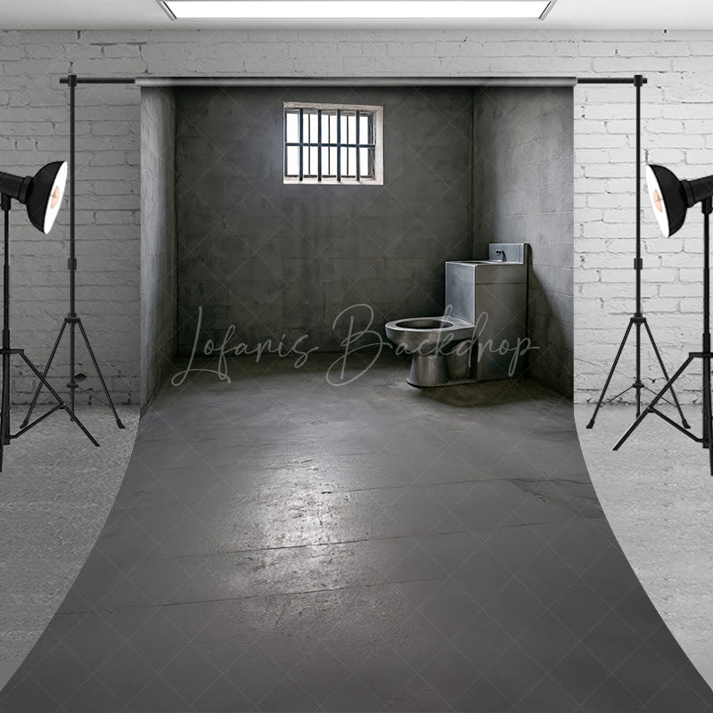 Lofaris Gritty Prison Cell Sweep Backdrop Concrete Jail Room with Barred Window for Themed Escape Photos