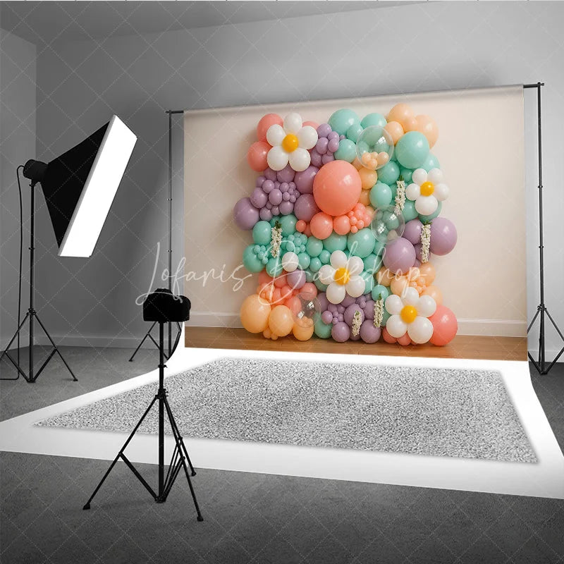 Lofaris Groovy Daisy Balloon Wall Photography Backdrop Pastel Floral Decor for Two First Birthday Cake Smash