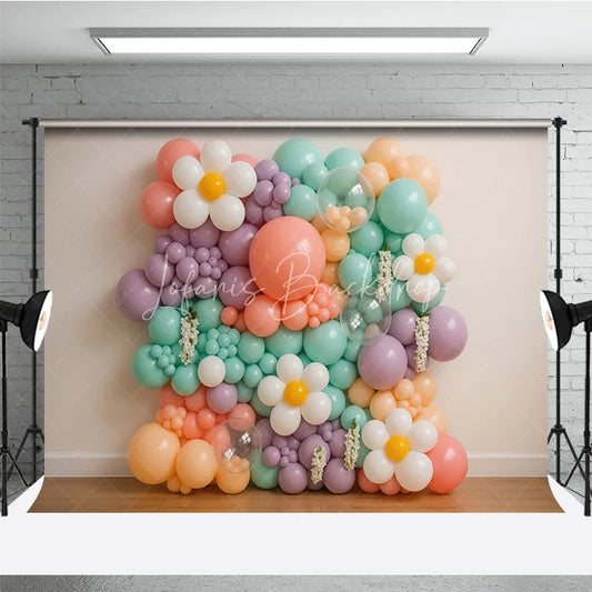 Lofaris Groovy Daisy Balloon Wall Photography Backdrop Pastel Floral Decor for Two First Birthday Cake Smash