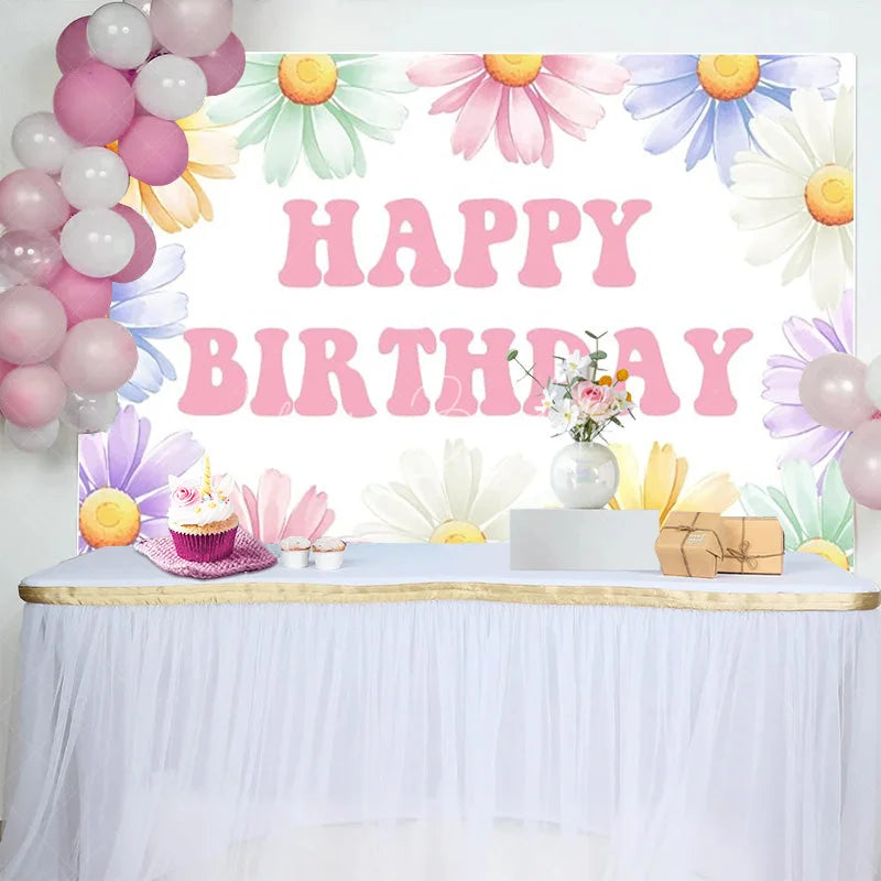 Lofaris Groovy Daisy Birthday Backdrop Pastel Flower Happy Background for Girl Hippie Boho Floral Party Photo Booth