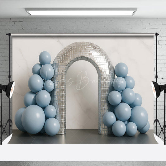 Lofaris Groovy Disco Ball Arch Cake Smash Backdrop Dusty Blue Balloons and Mirror Tiles First Birthday Photo Prop