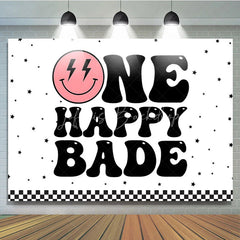 Lofaris Groovy One Happy Babe 1st Birthday Backdrop Retro Pink Smiley Face and Checkered Party Banner