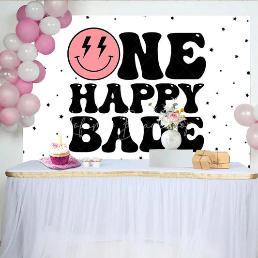 Lofaris Groovy One Happy Babe 1st Birthday Backdrop Retro Pink Smiley Face and Checkered Party Banner