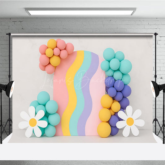 Lofaris Groovy Rainbow Cake Smash Backdrop Wavy Arch with Balloons and Daisies Retro First Birthday Photography Prop
