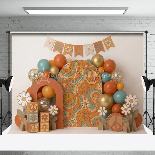 Lofaris Groovy Retro Hippie Photography Backdrop with Peace Signs and Daisy Flowers 60s 70s Theme Birthday Party Decor