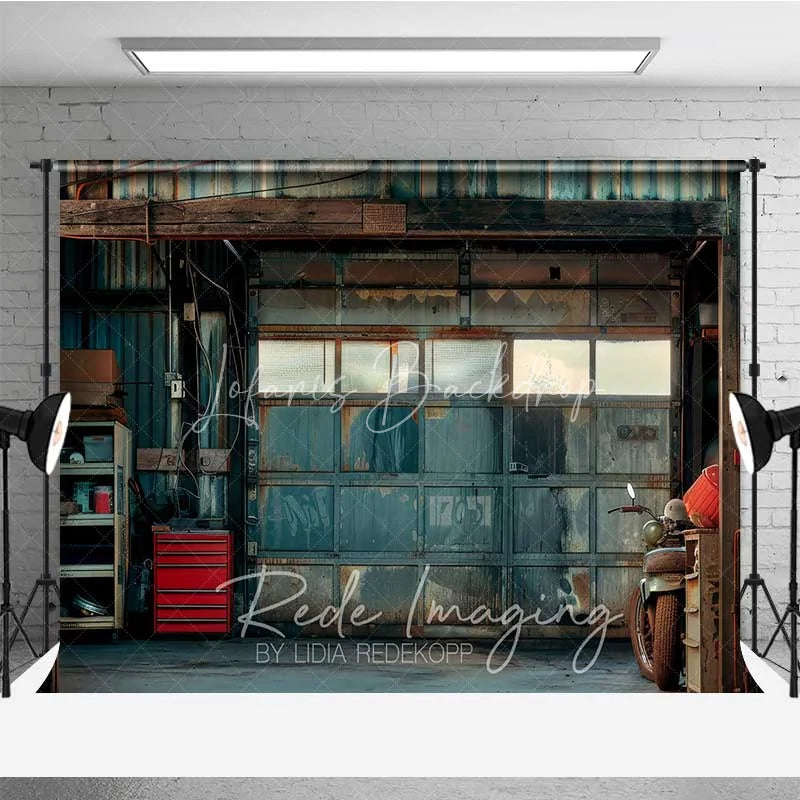 Lofaris Grunge Garage Photography Backdrop Rusted Metal Door Vintage Motorcycle Background Industrial Man Cave Photo Prop