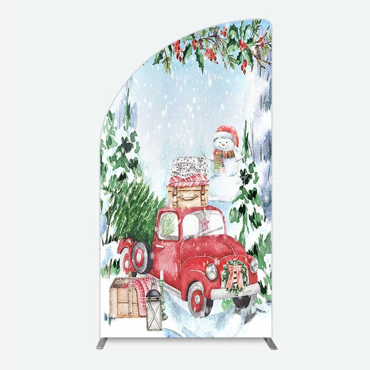 Lofaris Half Moon Arch Backdrop Christmas Red Truck Winter Snow Cover Watercolor Pine Tree Xmas Decoration Holiday Party Photo Prop