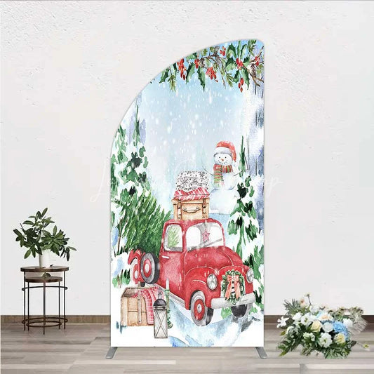 Lofaris Half Moon Arch Backdrop Christmas Red Truck Winter Snow Cover Watercolor Pine Tree Xmas Decoration Holiday Party Photo Prop