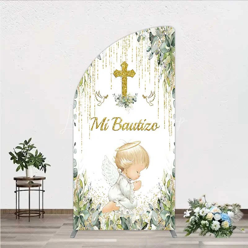 Lofaris Half Moon Arch Backdrop Mi Bautizo Angel Gold Cross Cover Greenery Eucalyptus Baptism Chiara Wall Background Religious Decor