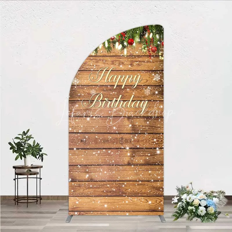 Lofaris Half Moon Arch Backdrop Rustic Wood Christmas Happy Birthday Cover Winter Pine Tree Light Background Holiday Born Party Decor