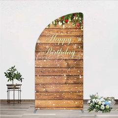 Lofaris Half Moon Arch Backdrop Rustic Wood Christmas Happy Birthday Cover Winter Pine Tree Light Background Holiday Born Party Decor
