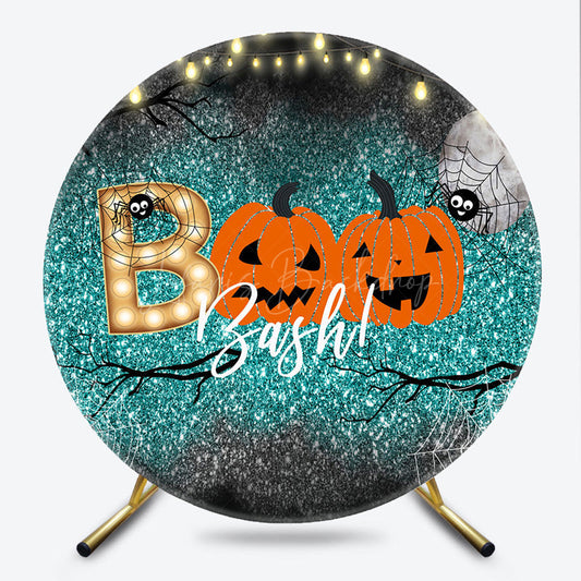 Lofaris Halloween Boo Bash Round Backdrop Teal Glitter with Pumpkins and Spiders Spooky Cute Kids Party Photo Prop