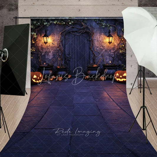 Lofaris Halloween Enchanted Stone Wall Sweep Backdrop with Wooden Door Glowing Jack-O-Lanterns and Cauldrons