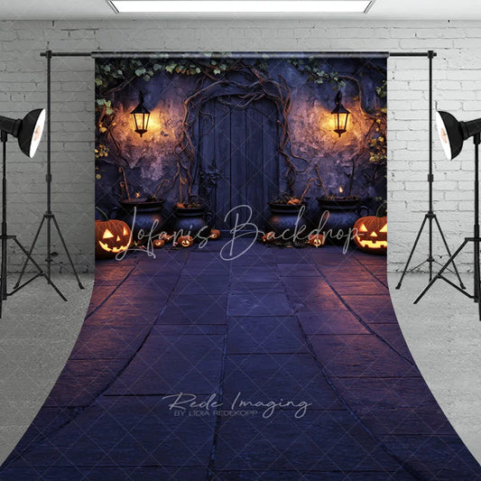 Lofaris Halloween Enchanted Stone Wall Sweep Backdrop with Wooden Door Glowing Jack-O-Lanterns and Cauldrons