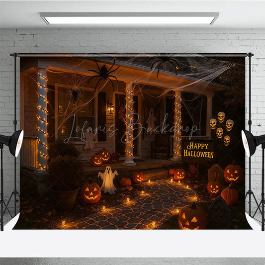 Lofaris Halloween Front Porch Photography Backdrop Night Scene with Jack-o-lanterns Spooky House Party Decorations