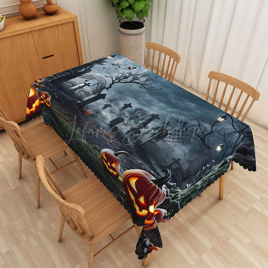 Lofaris Halloween Graveyard Rectangle Tablecloth with Jack O’ Lanterns for Spooky Cemetery and Haunted Party Decor