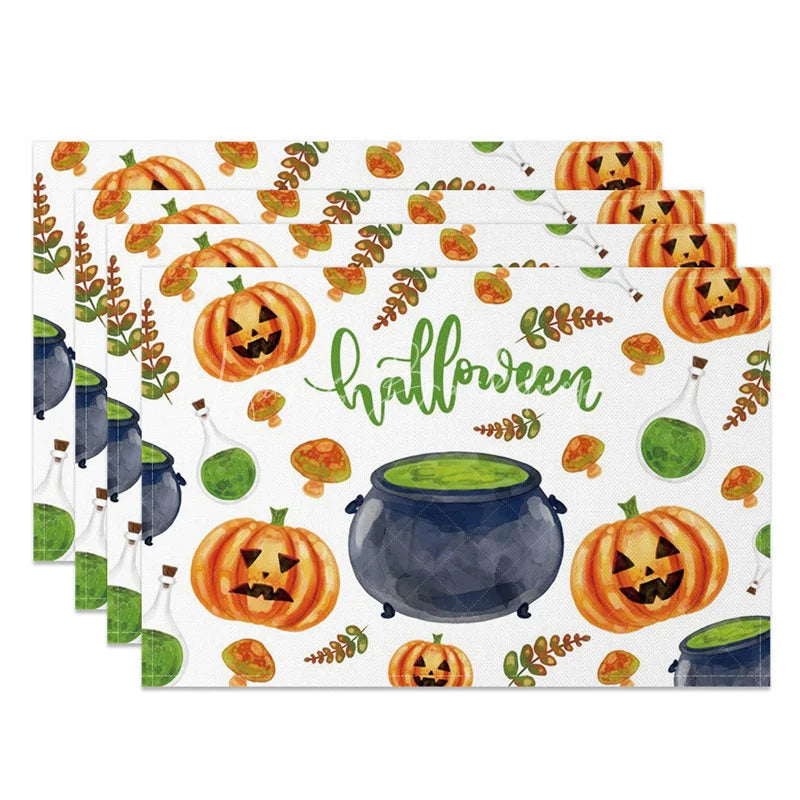 Lofaris Halloween Jack-O’-Lantern and Mushroom Set of 4 Placemats for Whimsical Spooky Autumn Decor