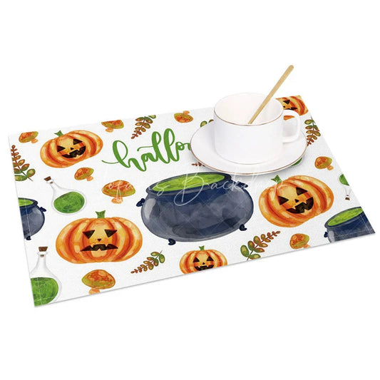 Lofaris Halloween Jack-O’-Lantern and Mushroom Set of 4 Placemats for Whimsical Spooky Autumn Decor