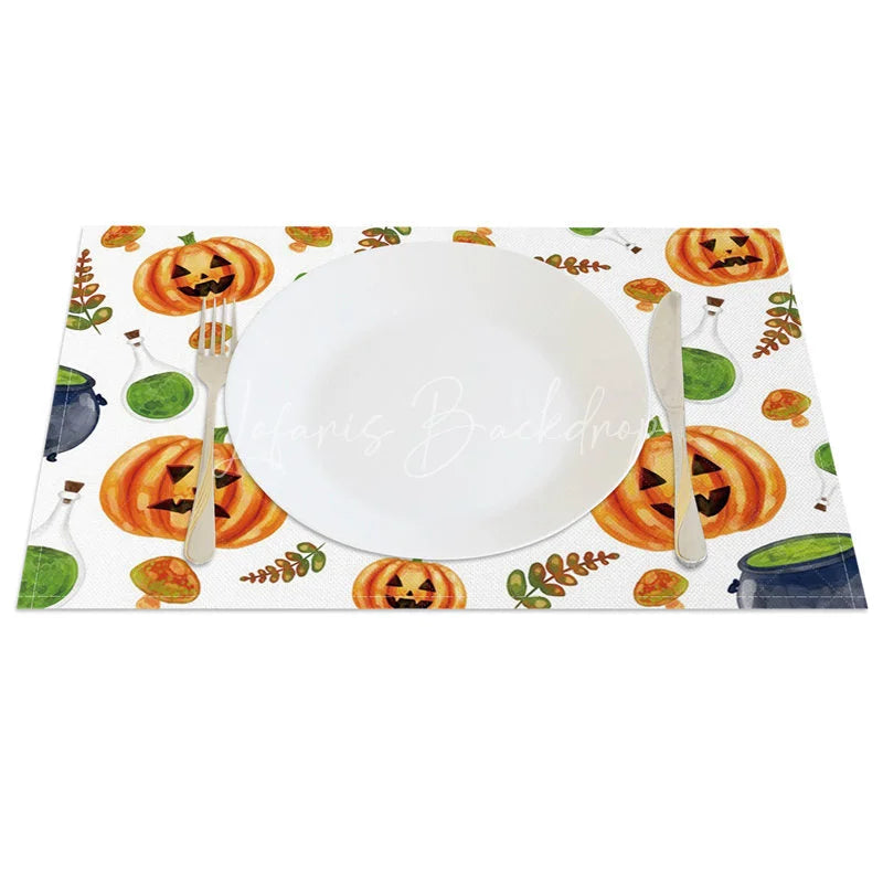 Lofaris Halloween Jack-O’-Lantern and Mushroom Set of 4 Placemats for Whimsical Spooky Autumn Decor