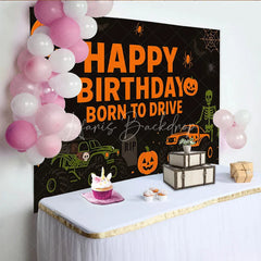 Lofaris Halloween Monster Truck Birthday Backdrop Pumpkin Skeleton Boys Party Background Spooky Born to Drive Photography Prop