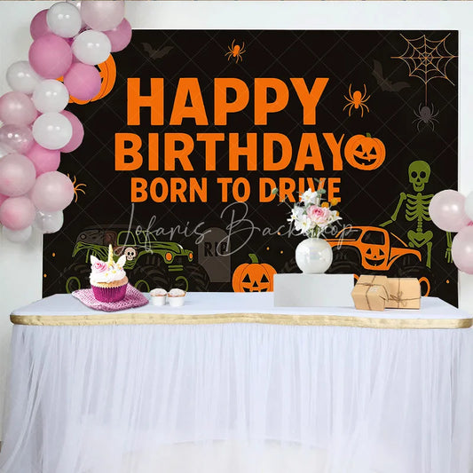 Lofaris Halloween Monster Truck Birthday Backdrop Pumpkin Skeleton Boys Party Background Spooky Born to Drive Photography Prop