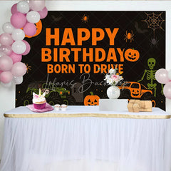 Lofaris Halloween Monster Truck Birthday Backdrop Pumpkin Skeleton Boys Party Background Spooky Born to Drive Photography Prop