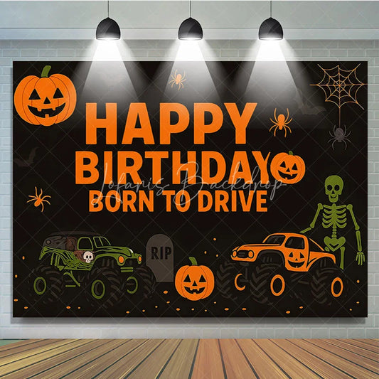 Lofaris Halloween Monster Truck Birthday Backdrop Pumpkin Skeleton Boys Party Background Spooky Born to Drive Photography Prop